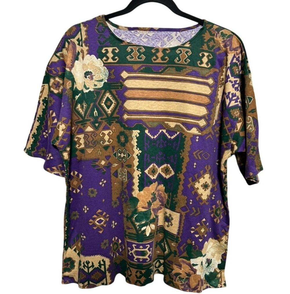 Vtg 90s Multiples Choice AOP Kilim Geometric Print Oversized Tee Purple USA OS